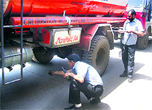 Bomb disposal squad inpects a tanker at the bottling plant in Jalandhar on Friday