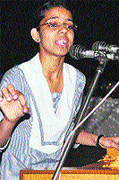 A student speaks in an inter-school declamation contest at Nehru Sidhant Kender in Ludhiana