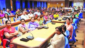 Women attend a workshop on ‘Rights of women for higher economic opportunities’ at Panjab University in Chandigarh on Saturday