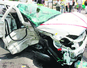 Two persons died and four others were injured in a road accident between BMW and Tata Indica car near IFFCO metro station, Sector 29, Gurgaon on Saturday. 