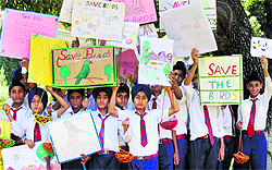 Students carry placards and earthen pots filled with water for birds at a park near the Civil Secretariat in Jammu on Saturday