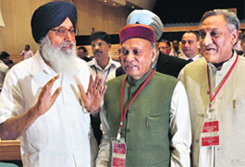 Punjab Chief Minister Parkash Singh Badal, Himachal CM Prem Kumar Dhumal and Uttarakhand CM Vijay Bahuguna at the Chief Ministers meeting on the NCTC in New Delhi on Saturday.