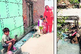 Residents exposed to sewer accumulates in the streets. (left) The open drains in Maqboolpura area of Amritsar