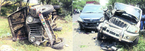 The mangled remains of a jeep and (right) two other vehicles after an accident near Jagraon on Sunday.