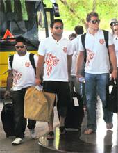 Kings XI Punjab players while departing at the Chandigarh airport on Sunday.