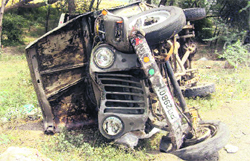 The mangled remains of a jeep at the accident site near Jagraon on Sunday.