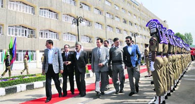 Health Minister Sham Lal Sharma, Parliamentary Affairs Minister Ali Mohammad Sagar, Health and Medical Education Minister RS Chib and Minister for Science and Technology Agha Ruhullah walk towards their respective offices at the Civil Secretariat Complex in Srinagar on Monday. 