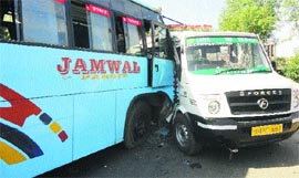 A bus which collided with a tempo on the Reasi-Katra road in Jammu on Monday.