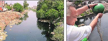 A view of Budha Nullah in Ludhiana; and (right) file photo of union minister for environment and forests Jairam Ramesh releasing microbial culture into Budha Nullah during the inauguration of the bio-remediation project at Haibowal Kalan in Ludhiana on April 23 last year.