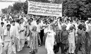 Villagers protest against the move to acquire their land for a nuclear plant at Gorakhpur in Haryana.
