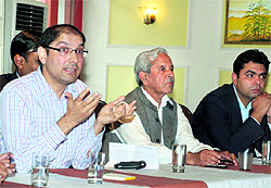 Prof PK Khosla, Vice-Chancellor of Shoolini University, and others at a press conference in Solan