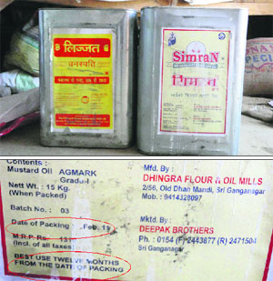 (Top) An expired stock of edible oil at the Anganwadi Centre, Baga; and a label on one of the containers specifies the date of packing and its expiry period.  
