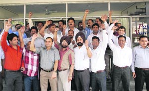 Income Tax officials on lunch strike at their office in Ludhiana on Tuesday.