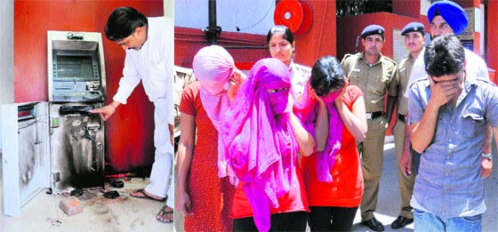 Complainant Deep Singh shows the broken ATM machine; and (right) the accused being taken to court in Chandigarh on Wednesday.