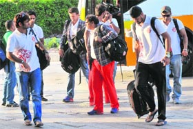 Players of the Kings XI Punjab reach a hotel at Sector 35 in Chandigarh on Wednesday. 
