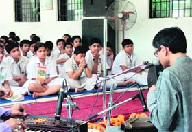 Renowned Hindustani classical vocalist Sarathi Chatterjee performs at Delhi Public School in Dehradun on Wednesday