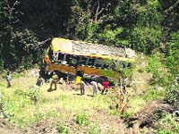A private bus that fell into a gorge in Gohar subdivision of Mandi district on Wednesday.