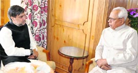 Governor NN Vohra with Forest Minister Altaf Ahmad at Raj Bhawan in Srinagar.