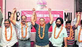 Newly elected members of the Provincial Power Employees Union during a meeting in Jammu on Wednesday. 