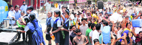 Students of Government School rush to fetch drinking water from a tanker as there is no water supply in the school taps; and (right) residents with empty buckets protest in Colony No 4, Chandigarh, on Thursday.