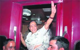 Margaret Alva bids farewell to her well-wishers at the railway station in Dehradun on Thursday