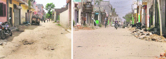An uncarpeted street at Sunder Nagar in ward no 12; (right) A view of under construction 33-foot-road in Ward no 12.