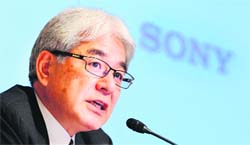 Sony Corp CFO Masaru Kato at a press conference in Tokyo on May 10. The Japanese electronics giant osted a record full-year loss of US $5.7 billion, but vowed it would swing back into the black this year as it embarks on a huge restructuring plan. 