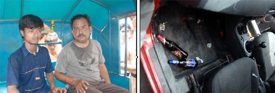 (Above) Beer bottles inside the car which was involved in the accident at Liberty Chowk. The driver and the owner (left) of the car  being taken to the police station in an auto-rickshaw. 
