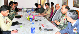 Governor NN Vohra chairs a high-level meeting on yatra security in Srinagar on Friday.