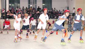 Players in action during the Doon District Roller Skating Championship in Dehradun on Saturday