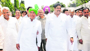 Leader of the Opposition Om Prakash Chautala, accompanied by party MLAs and senior leaders in Chandigarh on Saturday.