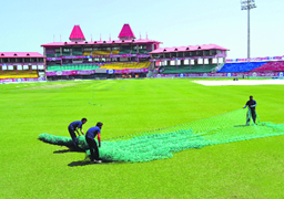 Work in progress at the HPCL stadium being readied for the IPL matches in Dharamsala.