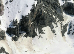 An aerial shot of snow-bound Amarnath cave taken recently. A Tribune photograph