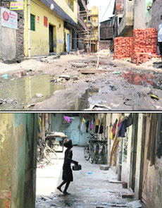 A view of a street; and (bottom) vehra at Fauji Mohalla.