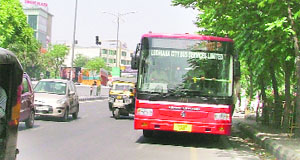 A low-floor non-AC bus, which started plying on the Ferozepur road in Ludhiana  from Saturday onwards, standing at a bus stop. 