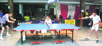 A table tennis match in progress at the PAU in Ludhiana on Saturday. 
