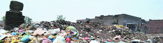 Heaps of garbage lying in a vacant plot at Fauji Mohalla.