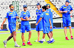 Deccan Chargers players during a training session at the PCA Stadium in Mohali on Saturday