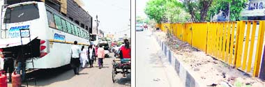Haphazard parking of buses and (right) dried up green belt at Shivala Road in Ward Number 22 in Amritsar.