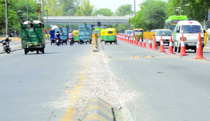 A view of the BRT corridor lane which is broken at different places in Chirag Dilli on Sunday.