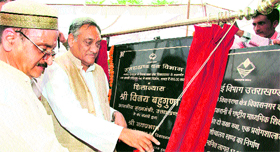 Chief Minister Vijay Bahuguna lays the foundation stone of a development project at Vikasnagar near Dehradun on Sunday.