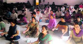 A meditation camp organised on the 56th birthday of Sri Sri Ravi Shankar, founder of the Art of Living, under way at ONGC Officers Club in Dehradun on Sunday.