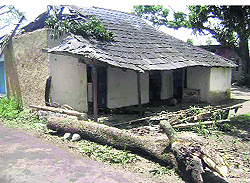 The damaged roof of the anganwari centre at the Chownki gram panchayat near Nurpur on Saturday