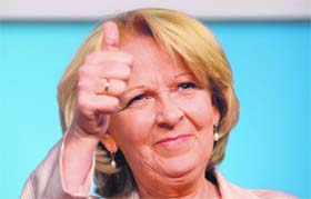 Hannelore Kraft of the Social Democratic Party celebrates after the publication of first results of the regional elections of North Rhine-Westphalia, in Berlin on Sunday