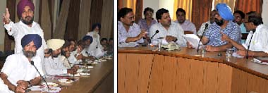 (Left) A municipal councillor makes a point at the general house meeting of the Municipal Corporation Bathinda on Monday; assistant municipal commissioner Kamal Kant, municipal commissioner Uma Shankar Gupta, Mayor Baljit Singh Beer Behman and Senior Deputy Mayor Tarsem Goyal discus an issue at the meeting; MC Jagroop Singh Gill (below) expresses his views