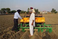 Maize being sown with a transplanter by making trenches at the Government Agriculture Farm in Raonta village of Moga district. 