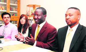 Guy Djoken (second from right), Executive Director, UNESCO Centre for Peace, USA, addresses a press conference in Dehradun on Monday.