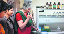 Prof Louis Tample of the American Society for Microbiology, US, inspects lab facilities during her recent visit to the Deenbandhu Chhotu Ram University of Science and Technology, Murthal. Photo: BS Malik