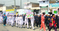 Students of Akal Academy take out a rally on environment in Ratia. A Tribune photograph 