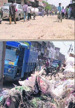 A road in a pitiable condition at Ward No. 19. (bottom) Garbage dumped on a roadside at Madhopuri Colony